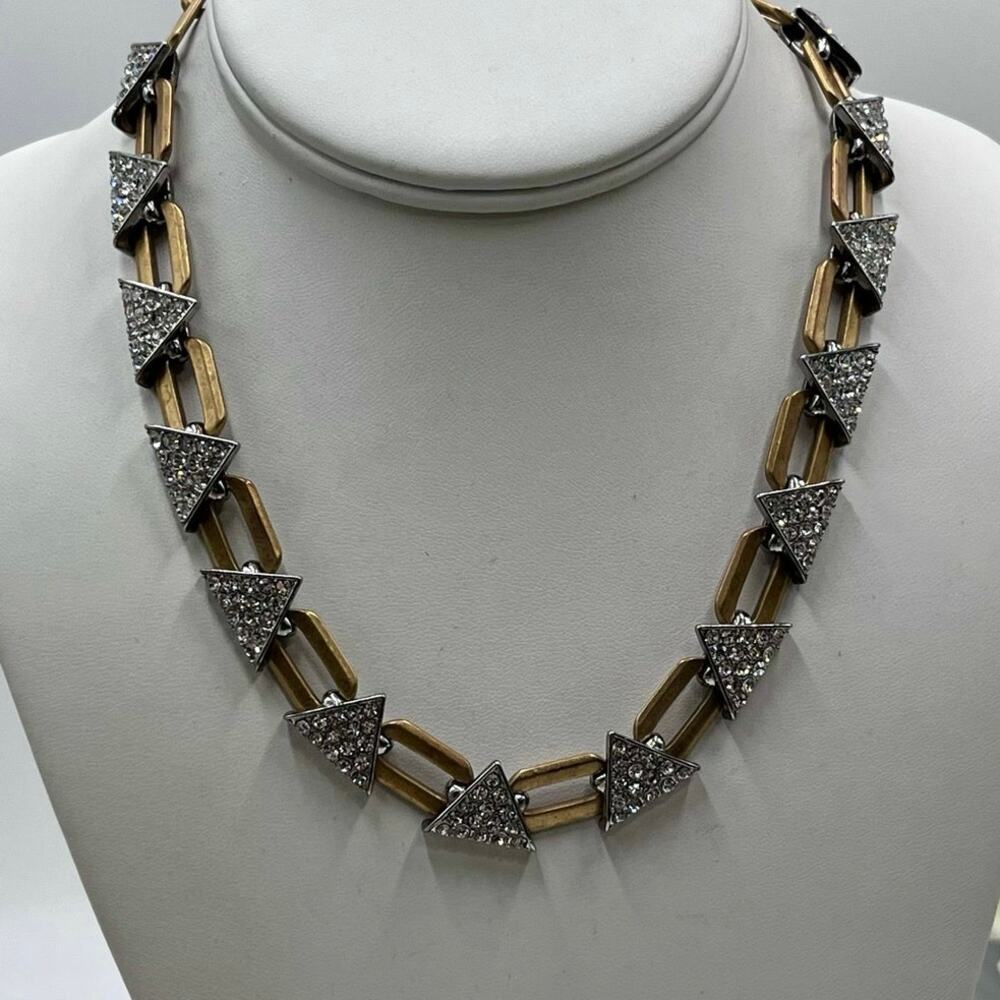 J. Crew Gold Tone Pave Geometric Triangle Glass Stone Necklace Mixed Metal‎
